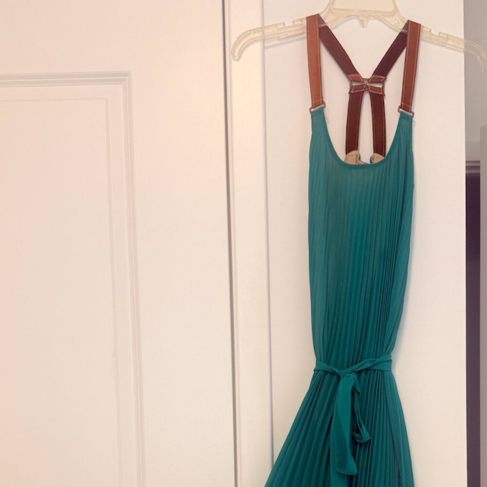 Akiko Teal Pleated Maxi Dress, Faux Leather Harness Straps, Size L